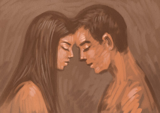 Man and woman touching heads