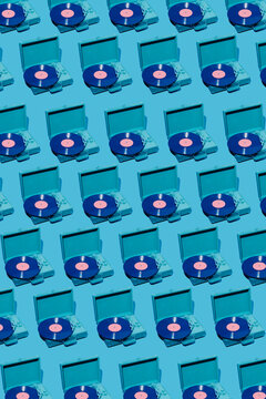 blue turntables with violet discs