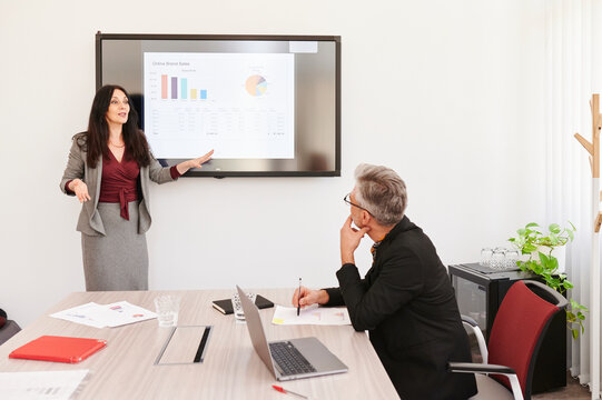 Businesswoman giving a monitor presentation