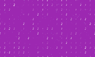 Seamless background pattern of evenly spaced white musical note symbols of different sizes and opacity. Vector illustration on purple background with stars