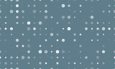 Seamless background pattern of evenly spaced white gramophone record symbols of different sizes and opacity. Vector illustration on blue grey background with stars