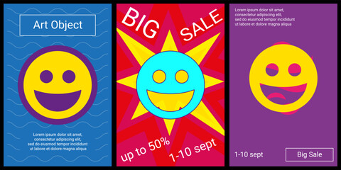 Naklejka premium Trendy retro posters for organizing sales and other events. Large laughter face symbol in the center of each poster. Vector illustration on black background