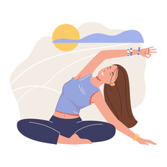 Girl doing yoga. Young woman sitting yoga lotus pose. Meditation. Spiritual practice. Vector illustration