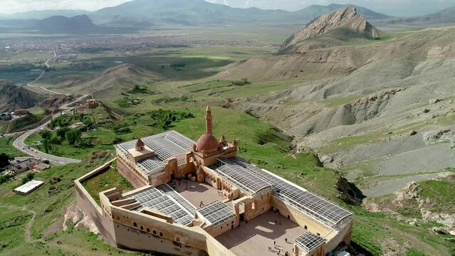 Aerial Drone Footage of Ishak Pasha Palace Lovated in Easter Turkey near the Ararat mountain. Ishak Pasa Palace
