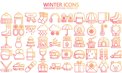 Winter outline icons set. Jackets, sweater, hot drink, winter sport, snow, Christmas, gloves and more. use for modern UI or UX kit, digital banner and app. vector EPS 10 ready convert to SVG.