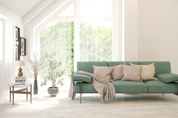White living room with sofa and summer landscape in window. Scandinavian interior design. 3D illustration