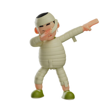 3D illustration. 3D Cute Mummy Cartoon Character showing DAB pose. with bandages . showing a cheerful smile. 3D Cartoon Character