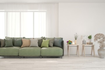 White living room with sofa. Scandinavian interior design. 3D illustration