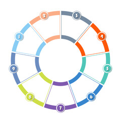Basic circle infographic with 9 steps, process or options.
