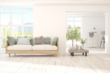 White living room with sofa and summer landscape in window. Scandinavian interior design. 3D illustration