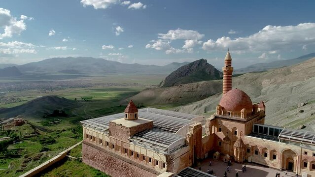 Aerial drone footage of Ishak Pasha Palace lovated in Easter Turkey near the Ararat mountain. Ishak Pasa Palace.