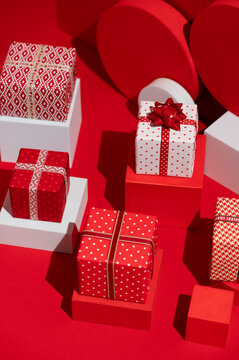 Christmas Presents. Red And White Themed Gift Holiday Background.