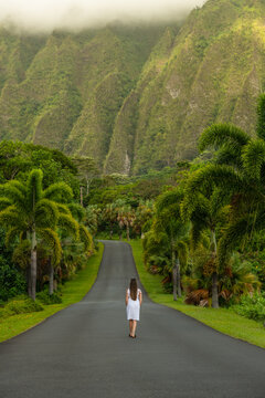 Young Lady Walking on Road in Lush Tropical Mountains of Hawaii