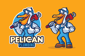 Pelican plumber plumbing mascot cartoon character - Stock vector image.