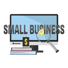 "small business" text on computer and books with white background