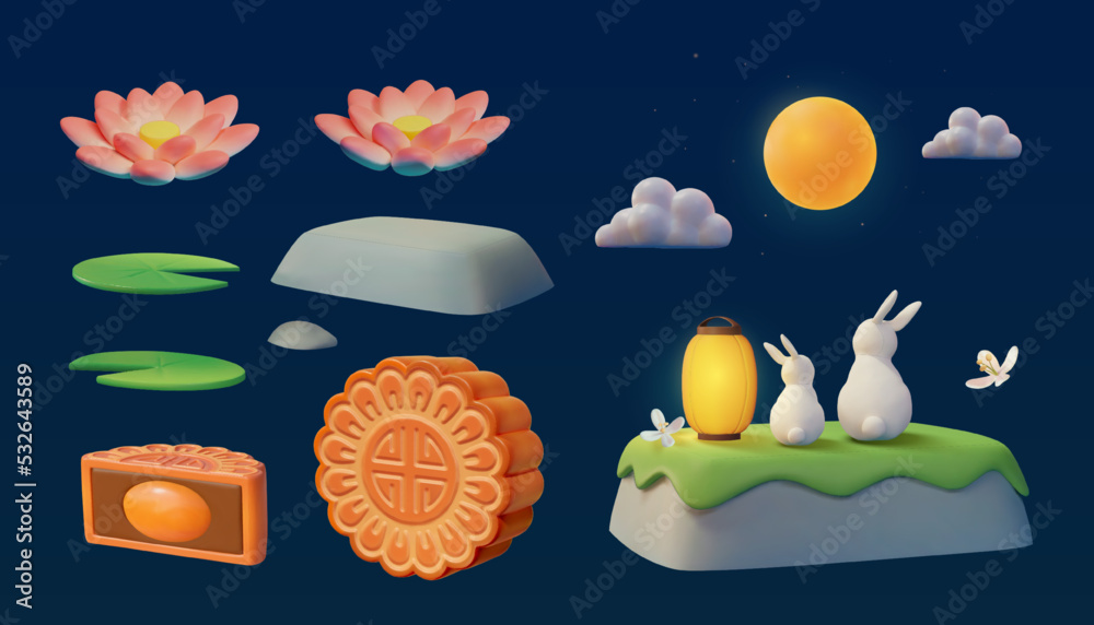 Poster 3d mooncake festival elements set