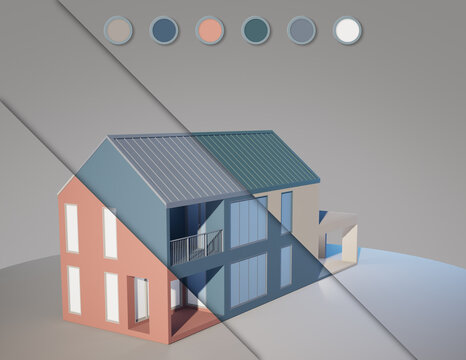 Simple house with white metal roof and colorful wall. 3d rendering of exterior residential building.