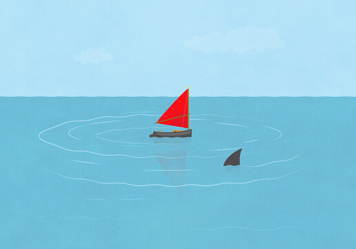 Shark circling sailboat. Dangerous waters.
