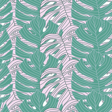 Contoured outline monstera silhouettes seamless pattern. Palm leaves endless background. Botanical wallpaper.