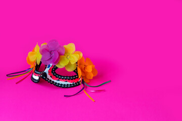 Mexican face mask with flowers and ribbons on the pink background. Day of the dead holiday