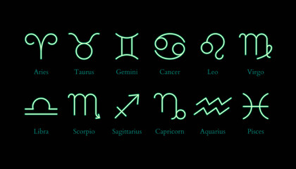 Set of neon zodiac symbols and name - obrazy, fototapety, plakaty