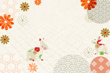 Fototapeta na wymiar 華やかな花柄と干支のうさぎのデザイン和紙