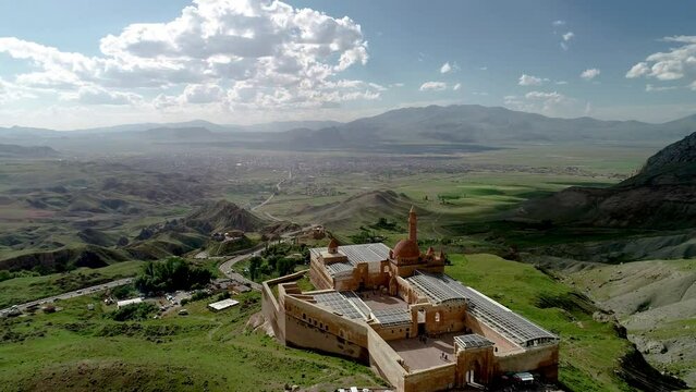 Aerial Drone Footage of Ishak Pasha Palace Lovated in Easter Turkey near the Ararat mountain. Ishak Pasa Palace