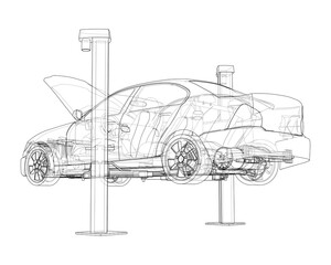 Car lift stand tower with car. Vector