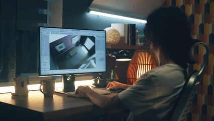 Male young designer making 3D visualization of house interior in professional program using pc while working remotely from home office in the evening