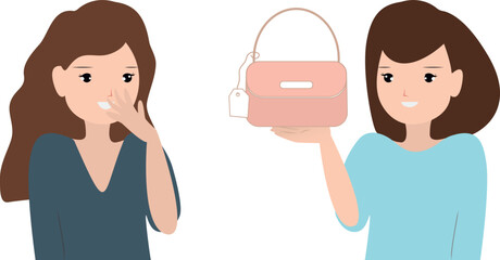 She is giving a bag to his friend. The woman receiving gift is very happy and surprised. White European women. Gift from discount. Birthday, anniversary, new year. White background colorful vector. 