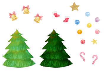 水彩イラスト素材：クリスマスに飾り付けしたモミの木　セット　（透過背景）
