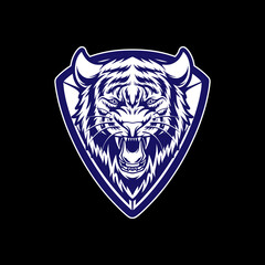 Tiger head logo mascot esport design with blue and white shield