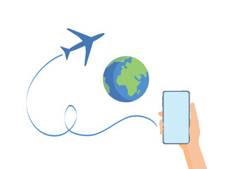 Plane flies around the smartphone and world. Buying tickets with a online. International ticket services with e commerce. Travel services, vacation and tourism plane. Business, holiday, trip, vector.