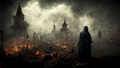Grim reaper with haunted, creepy graveyard.Digital art