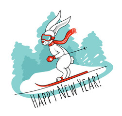 A white rabbit in a red scarf is skiing down a mountain against the backdrop of a forest. New Year card. Flat vector illustration.