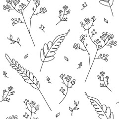 Decorative plants drawn in doodle style with black contour line. Floral seamless pattern. Flat vector illustration.