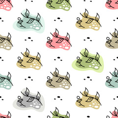 Stylized plants on a background of multi-colored and black spots. Seamless vector pattern. Flat illustration.