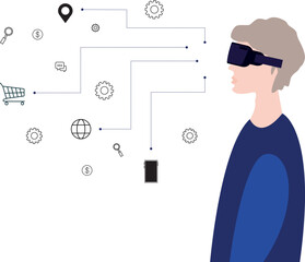 White background metaverse online shop man wear glasses. VR headset Business, shopping location interacting with virtual reality. Projection technology, metaverse gaming, vector.