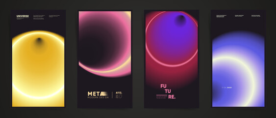 Abstract neon vertical stories, gradient cover template design set for poster, social media post and stories banners. Cyberpunk circular gradient hi tech post. Vector aesthetic space black set.	 - obrazy, fototapety, plakaty