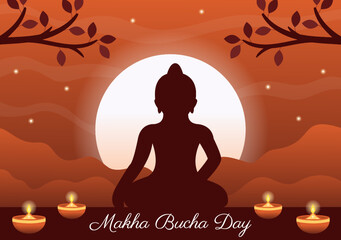 Fototapeta na wymiar Happy Makha Bucha Day Template Hand Drawn Cartoon Flat Illustration Buddha Sitting in Lotus Flower under Bodhi Tree at Night Surrounded by Monk