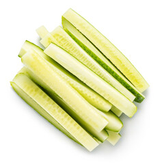 top view of pile vegetable of cucumber chopped stripes isolated on white background, concept of...