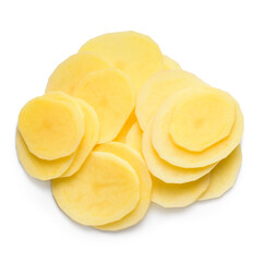 top view of pile vegetable of potato sliced isolated on white background, concept of vegetarian healthy eating