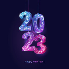 2023 volumetric sparkling glitter numbers hanging on strings. Blue to pink colorful gradient. Happy new year banner. Vector decoration. For Christmas and holiday cards, party posters.