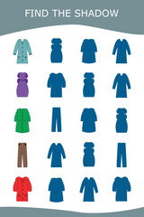 Find correct shadow with colorful clothes.  Kids educational game. 