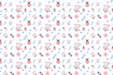 Beautiful tropical insects pattern design on a white background. Ladybug pattern decoration with leaves and flower icons. Endless insect pattern vector for book covers, backgrounds, and gift cards.