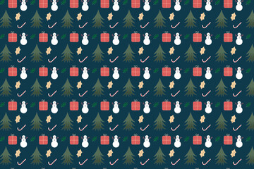 Fototapeta premium Christmas pattern decorated with snowmen, pine leaves, and gift icons. Seamless pattern design for gift cards, backgrounds, bed sheets, and wallpapers. Christmas abstract pattern vector.