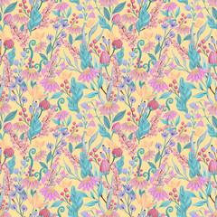 Fototapeta na wymiar seamless watercolor background mix colorful floral flower and leaves with line art used for background texture, wrapping paper, textile or wallpaper design