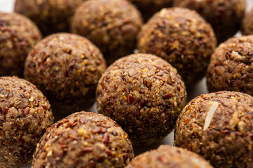 Alsi pinni laddu or flax seed laddo or healthy jawas ladoo are delicious Indian sweet energy balls - obrazy, fototapety, plakaty