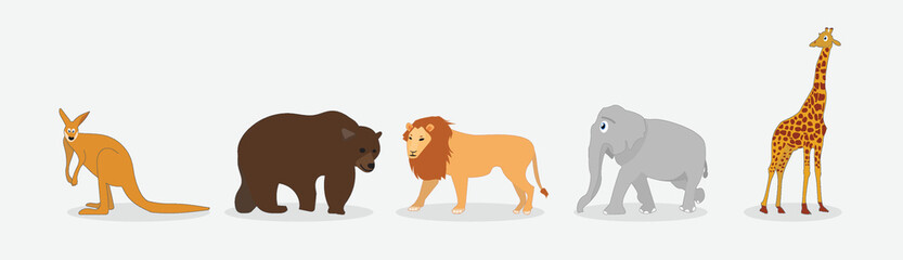 Set of wild Animal Flat Cartoon, Lion, Elephant, Bear, Giraffe, Kangaroo. Cute Character Vector Illustration.