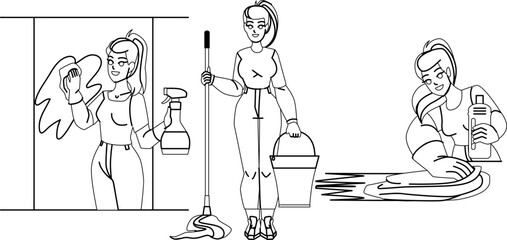 clean house service line pencil drawing vector. cleaner home, household domestic hygiene, floor product clean house service character. people Illustration